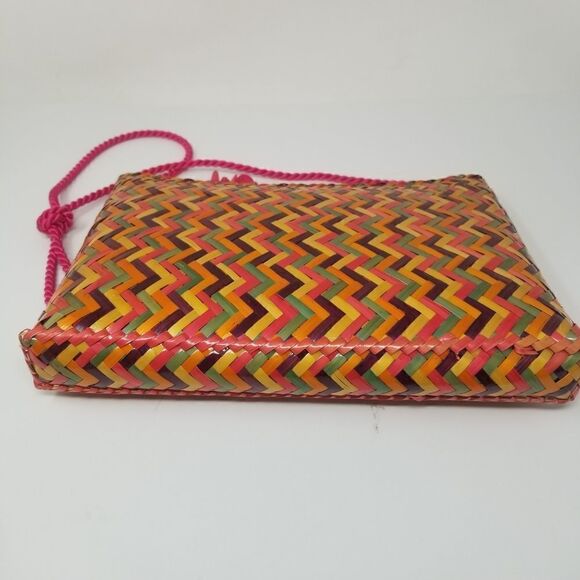 Colored Woven Rattan Handbag with Satin Cord Handle. - Picture 4 of 11